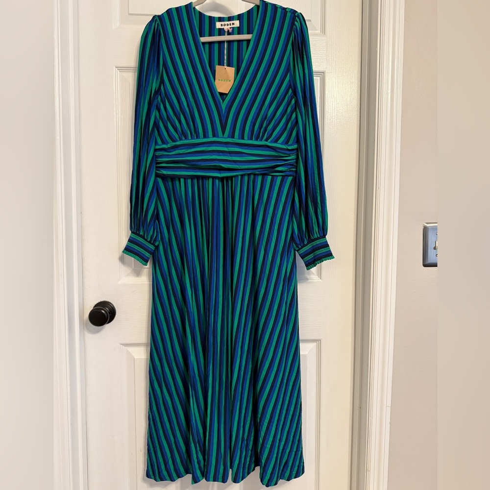 Boden Blue/Black/Green Long Sleeve Dress with Bishop Sleeves